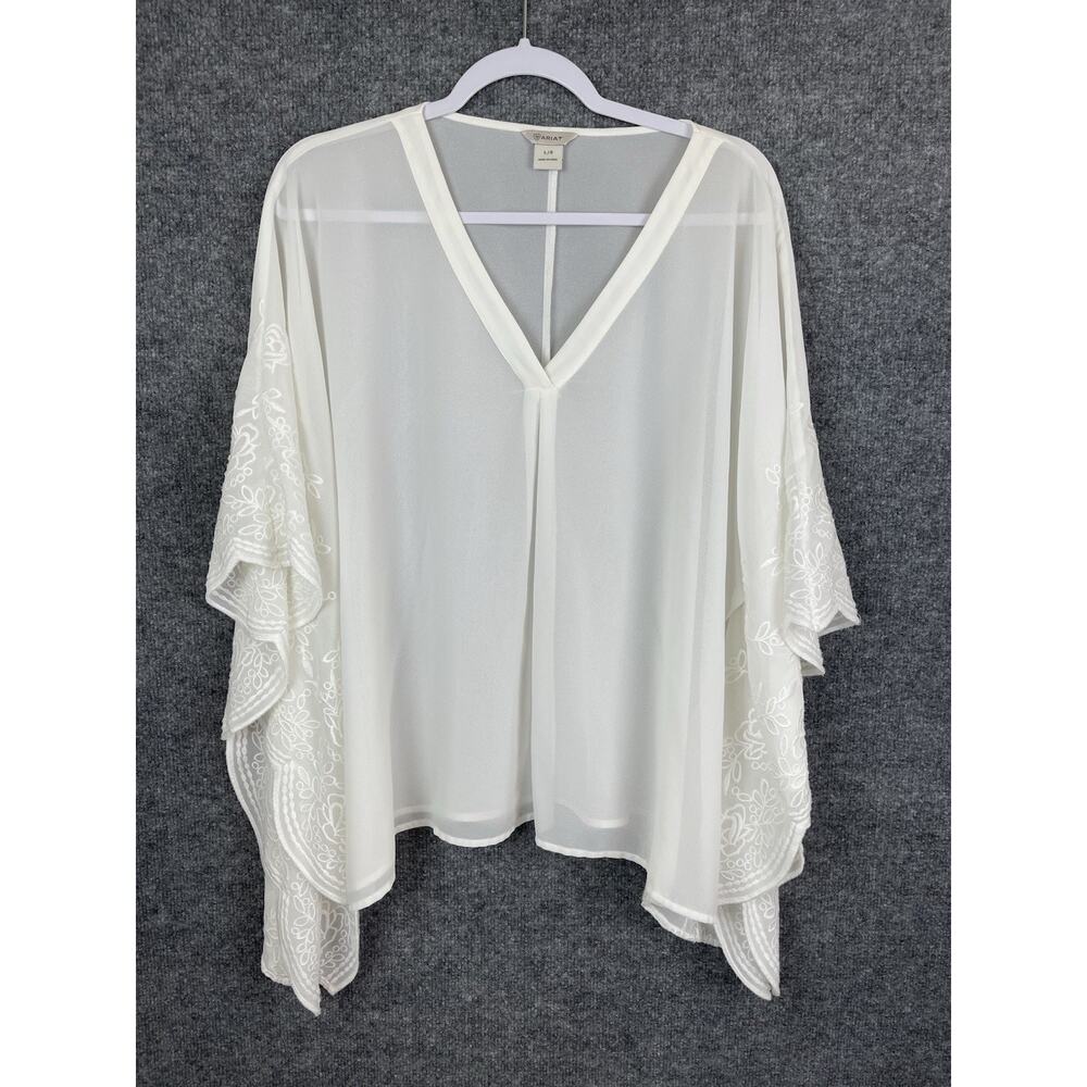 Ariat Top Women's Large Ivory Sheer Camano Embroidered Sleeves